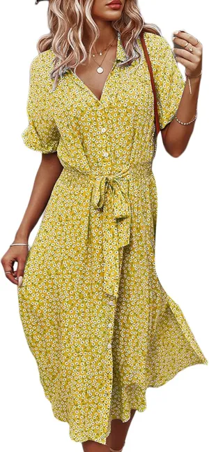 Women Summer Boho Short Sleeve Floral Maxi Dress V Neck Ruffle Bohemian Swing Beach Dresses Sundress
