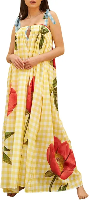 Women Summer Floral Boho Maxi Dress Tie Shoulder Square Neck Flowy Sundress Ruffle A Line Colorful Beach Long Dress
