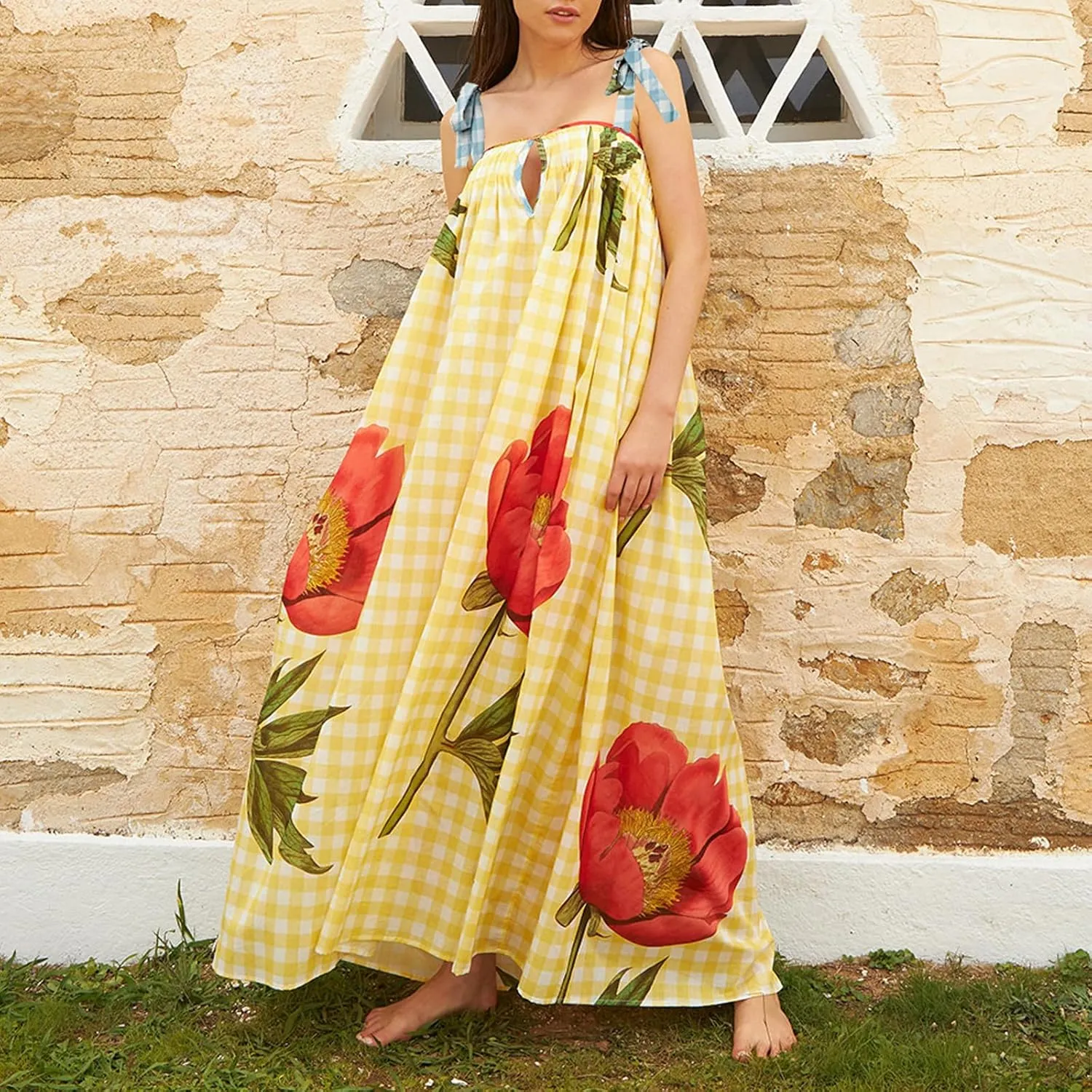 Women Summer Floral Boho Maxi Dress Tie Shoulder Square Neck Flowy Sundress Ruffle A Line Colorful Beach Long Dress