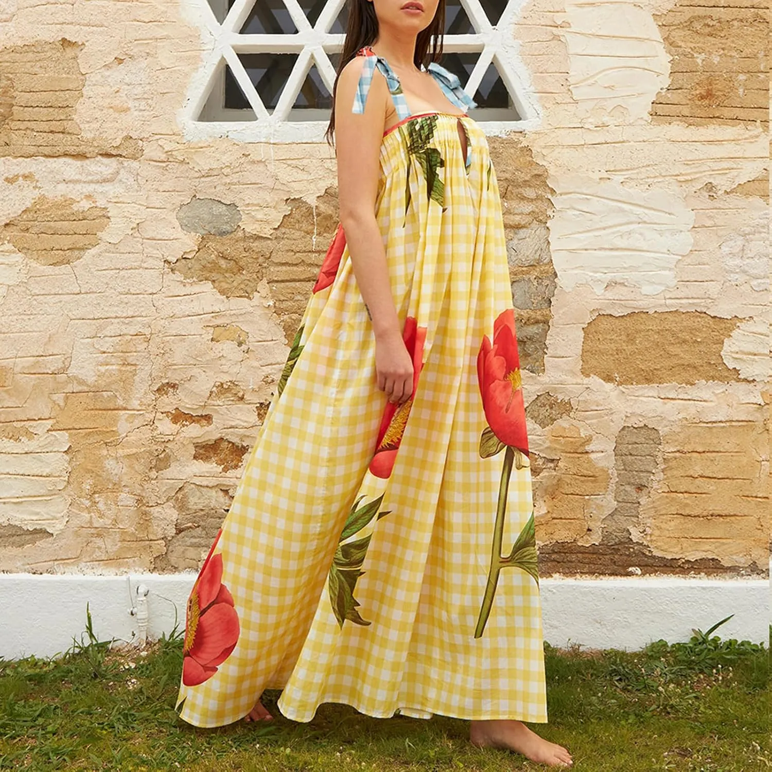 Women Summer Floral Boho Maxi Dress Tie Shoulder Square Neck Flowy Sundress Ruffle A Line Colorful Beach Long Dress