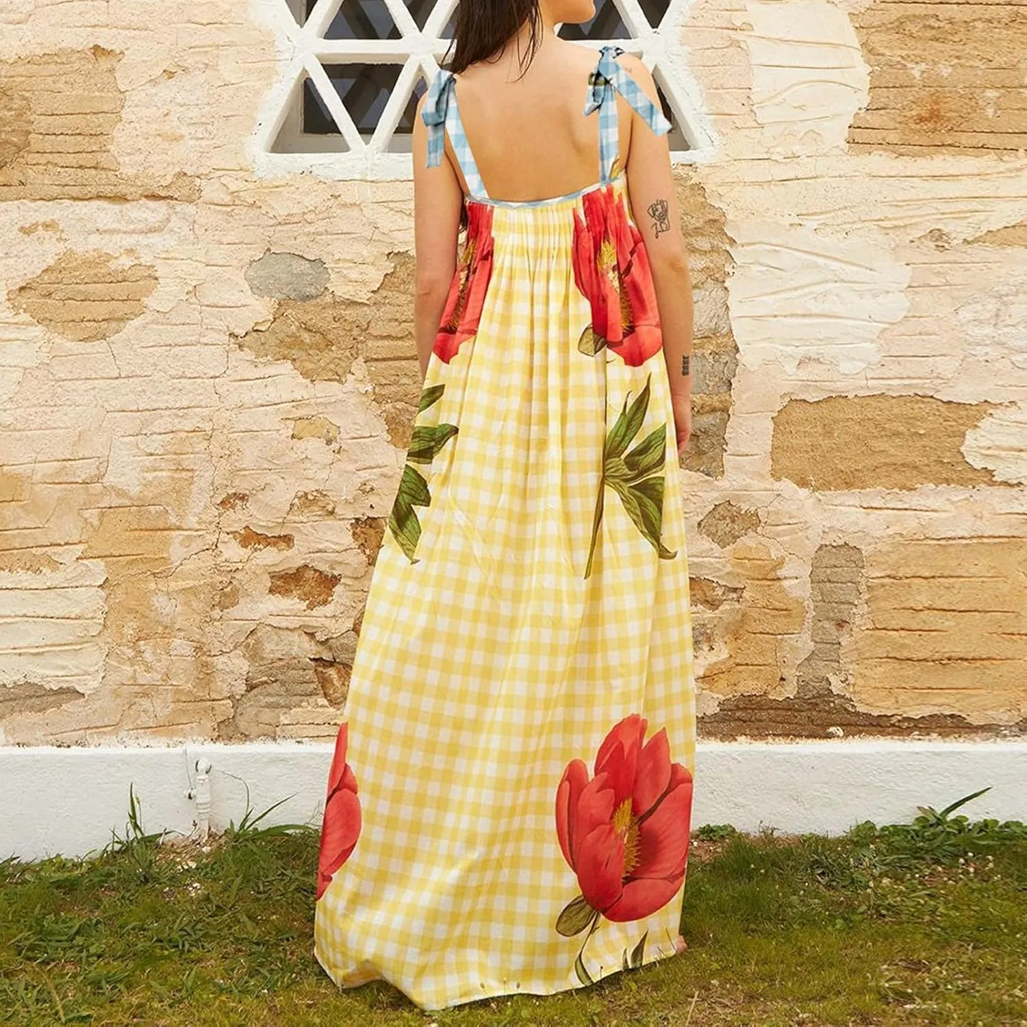 Women Summer Floral Boho Maxi Dress Tie Shoulder Square Neck Flowy Sundress Ruffle A Line Colorful Beach Long Dress