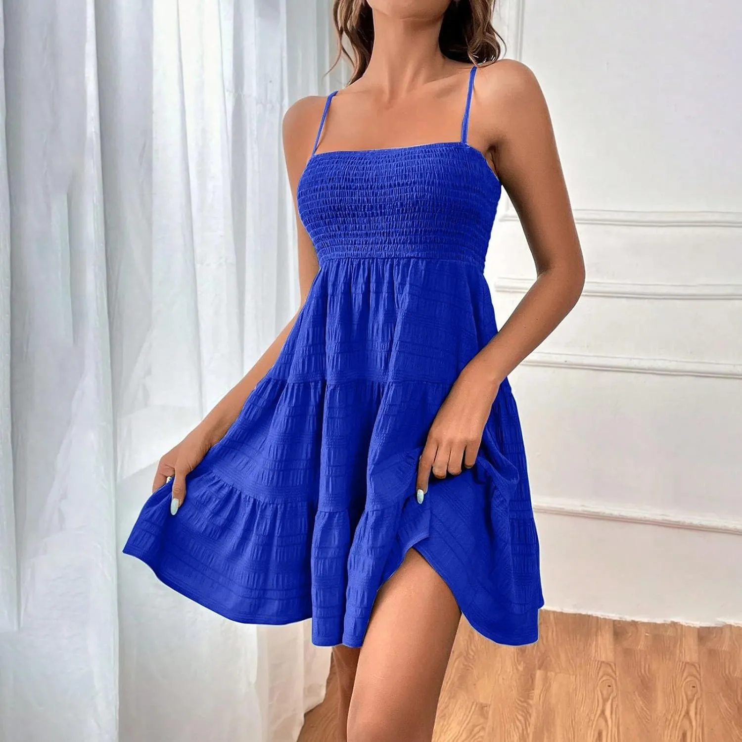 Women Summer Mini Dresses Square Neck Spaghetti Strap Sundress Casual Sleeveless A Line Tiered Beach Graduation Dress