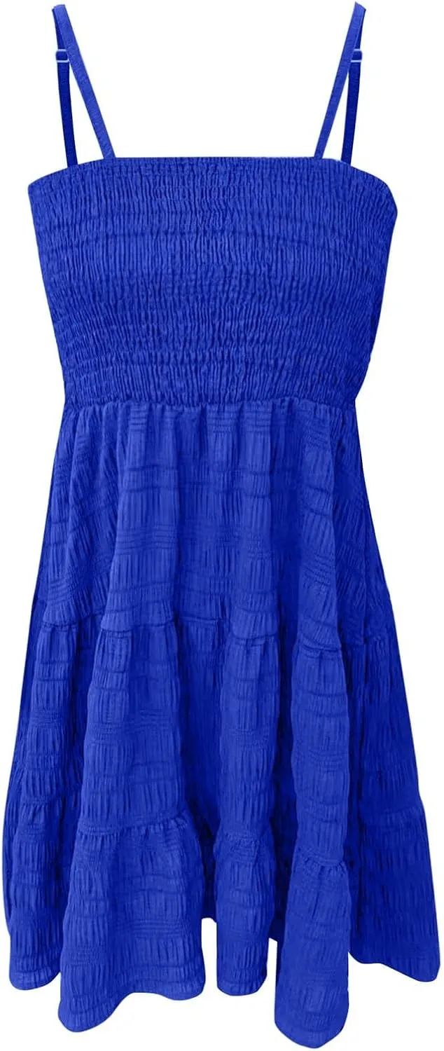 Women Summer Mini Dresses Square Neck Spaghetti Strap Sundress Casual Sleeveless A Line Tiered Beach Graduation Dress