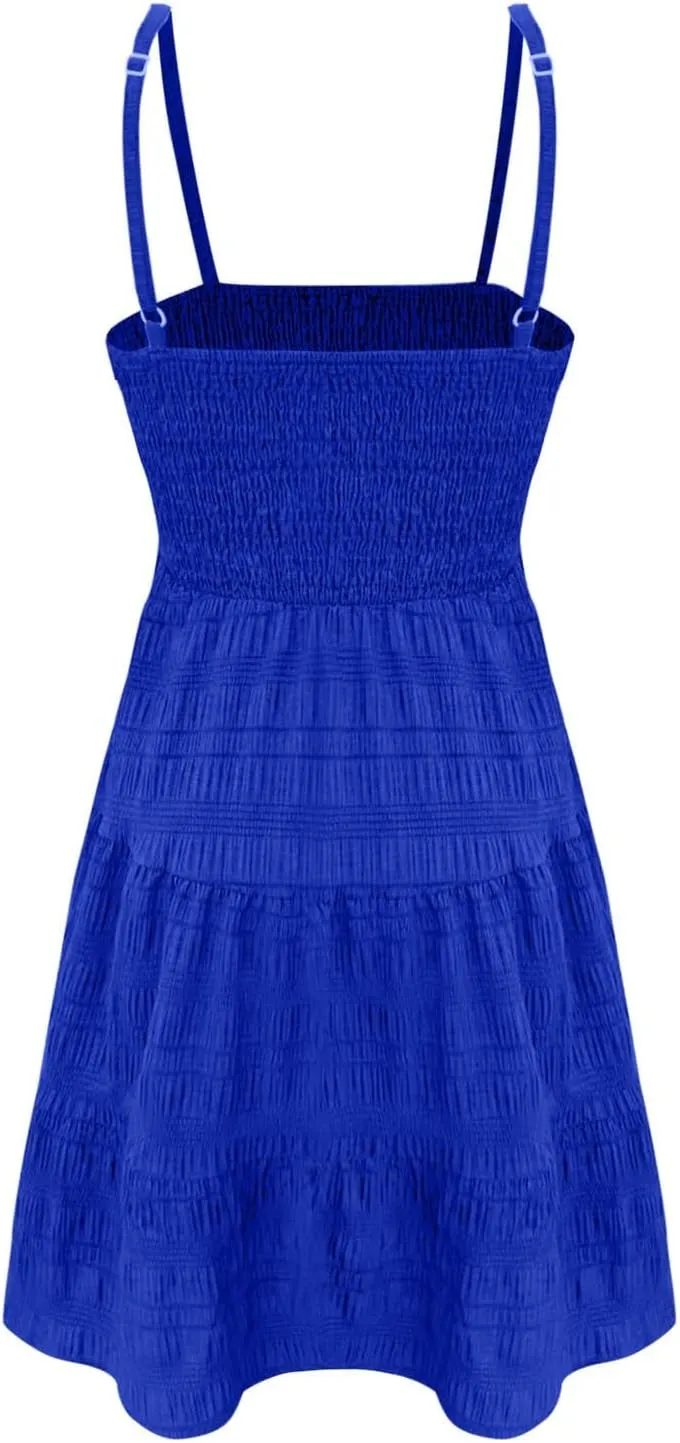 Women Summer Mini Dresses Square Neck Spaghetti Strap Sundress Casual Sleeveless A Line Tiered Beach Graduation Dress