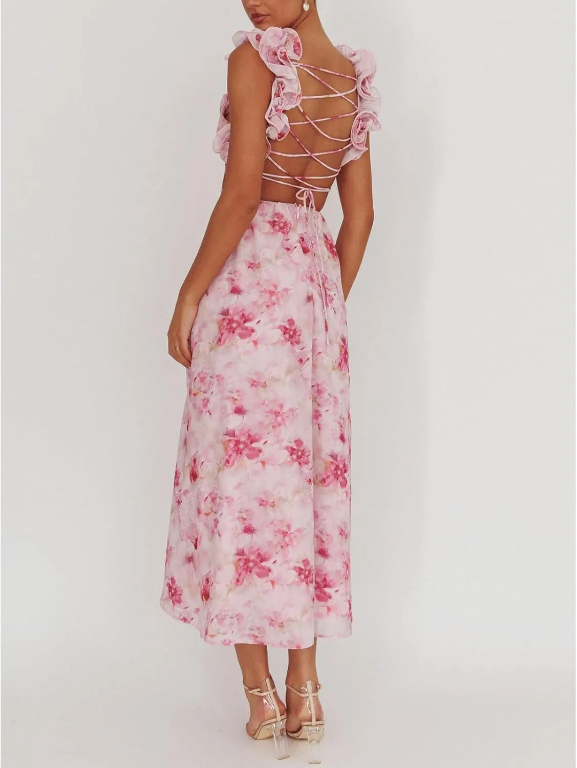 Women Y2k Lace Up Back Floral Maxi Dress Cute Ruffle Trim Backless Tie Beach Formal Long Flowy Dresses