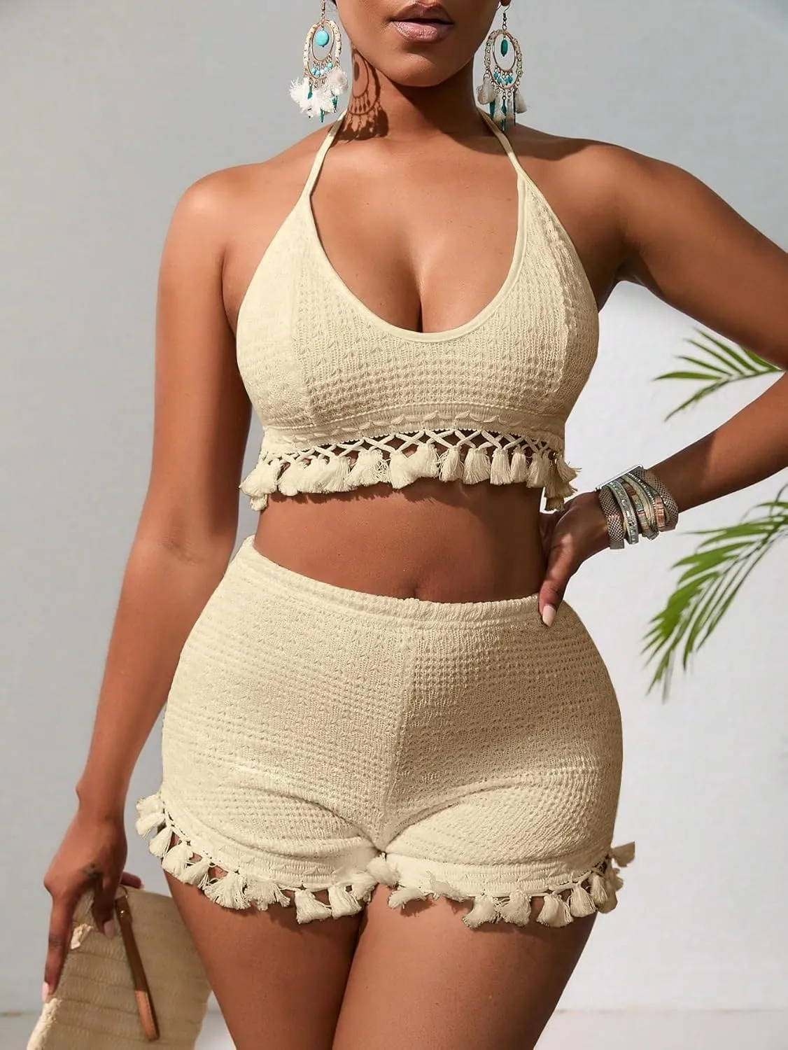 Women's 2 Piece Outfits Tassel Trim Backless Halter Crop Top and Elastic Waist Shorts Sets