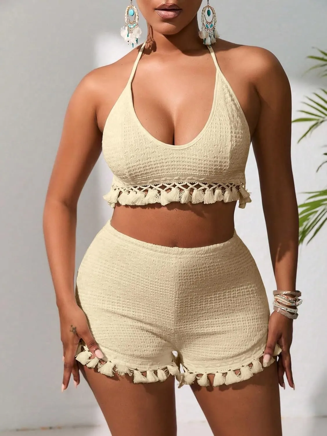 Women's 2 Piece Outfits Tassel Trim Backless Halter Crop Top and Elastic Waist Shorts Sets