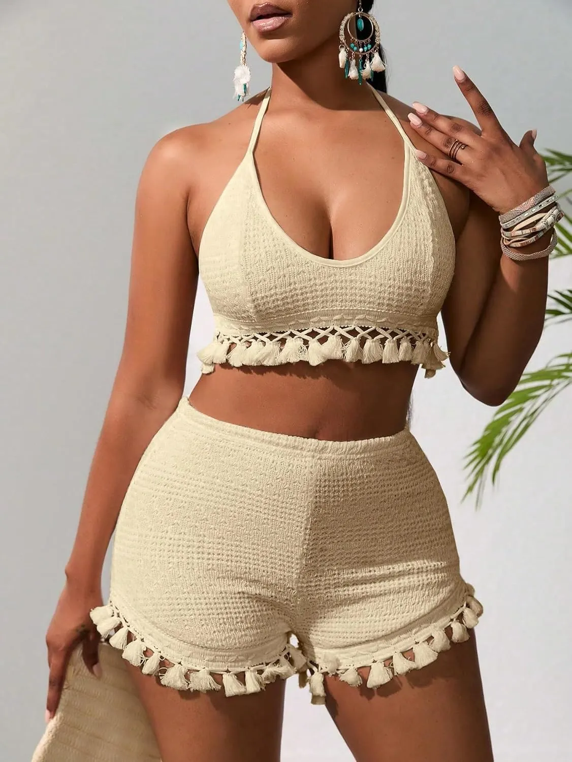 Women's 2 Piece Outfits Tassel Trim Backless Halter Crop Top and Elastic Waist Shorts Sets