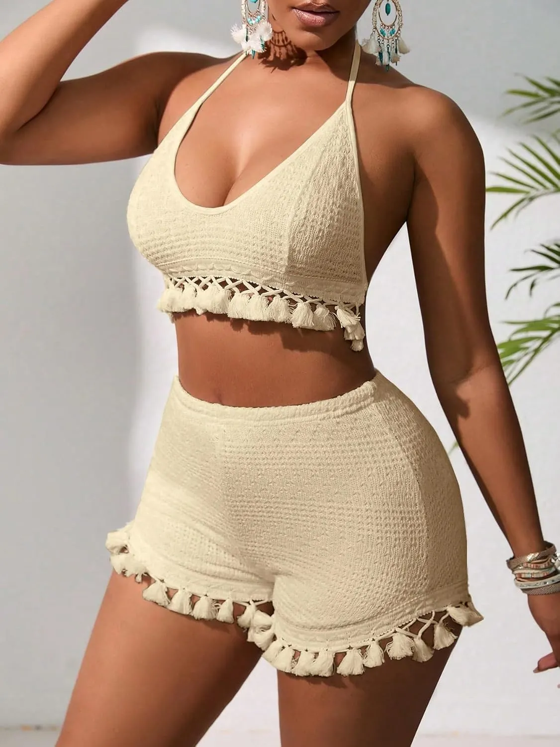 Women's 2 Piece Outfits Tassel Trim Backless Halter Crop Top and Elastic Waist Shorts Sets