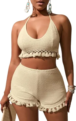 Women's 2 Piece Outfits Tassel Trim Backless Halter Crop Top and Elastic Waist Shorts Sets