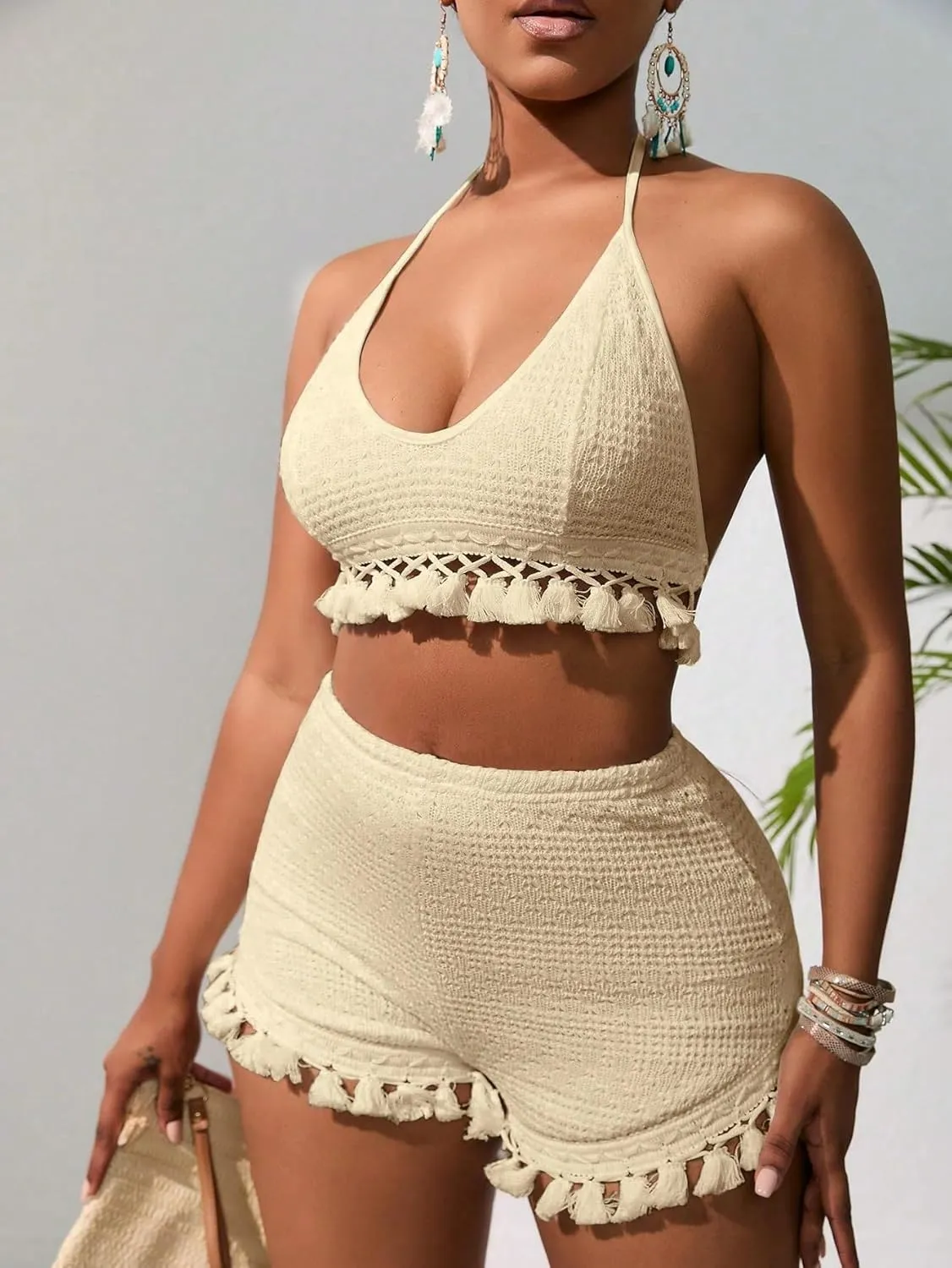 Women's 2 Piece Outfits Tassel Trim Backless Halter Crop Top and Elastic Waist Shorts Sets