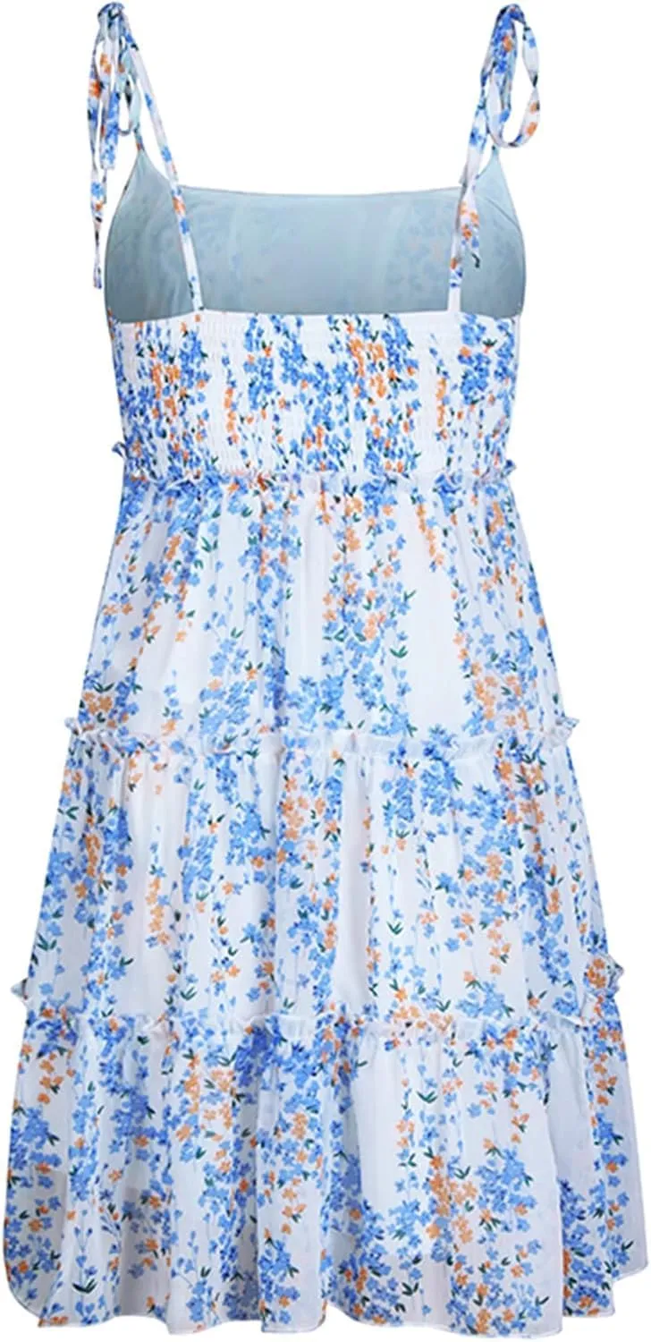 Womens 2024 Summer Floral Mini Dress Boho Flowy Skater Dresses Short Sleeveless Ruffle Spaghetti Strap Dress