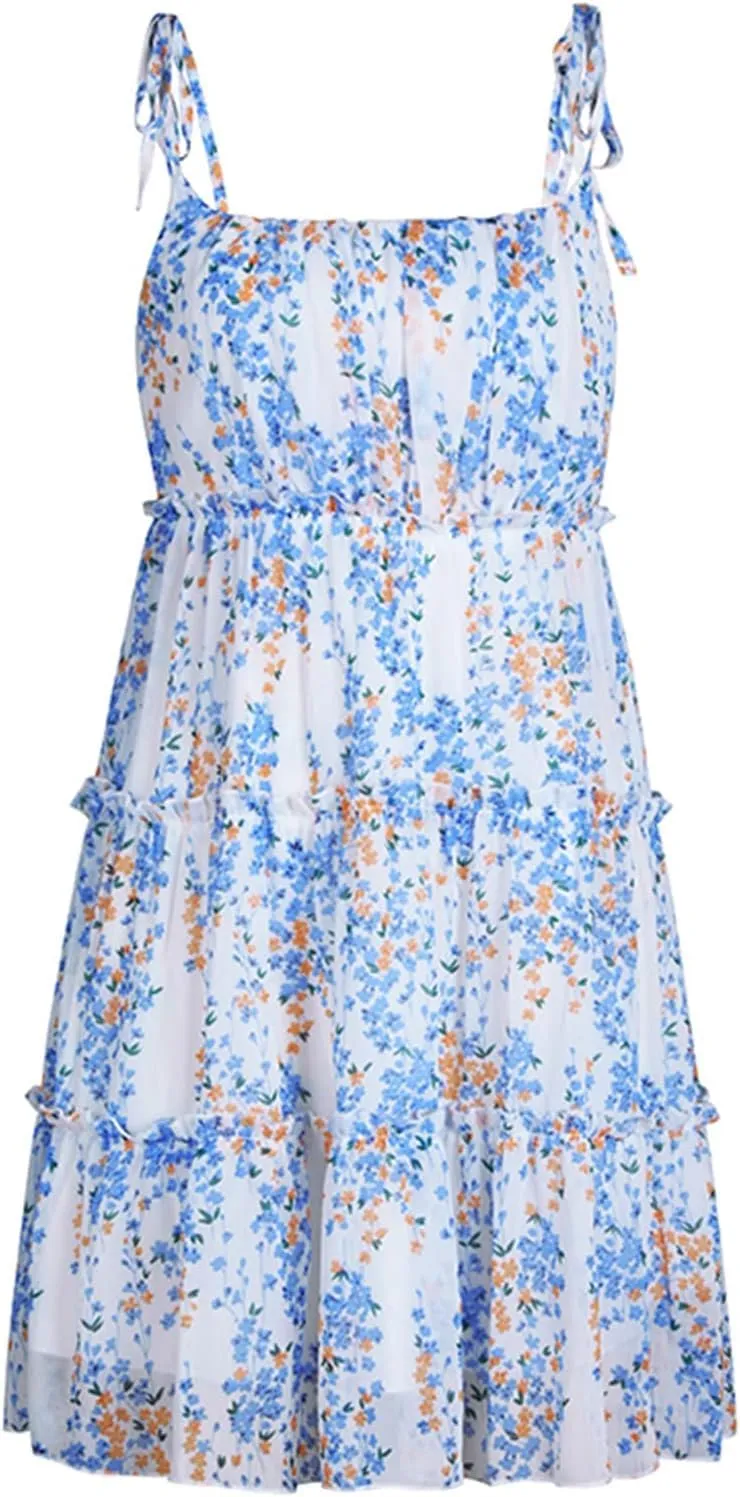 Womens 2024 Summer Floral Mini Dress Boho Flowy Skater Dresses Short Sleeveless Ruffle Spaghetti Strap Dress