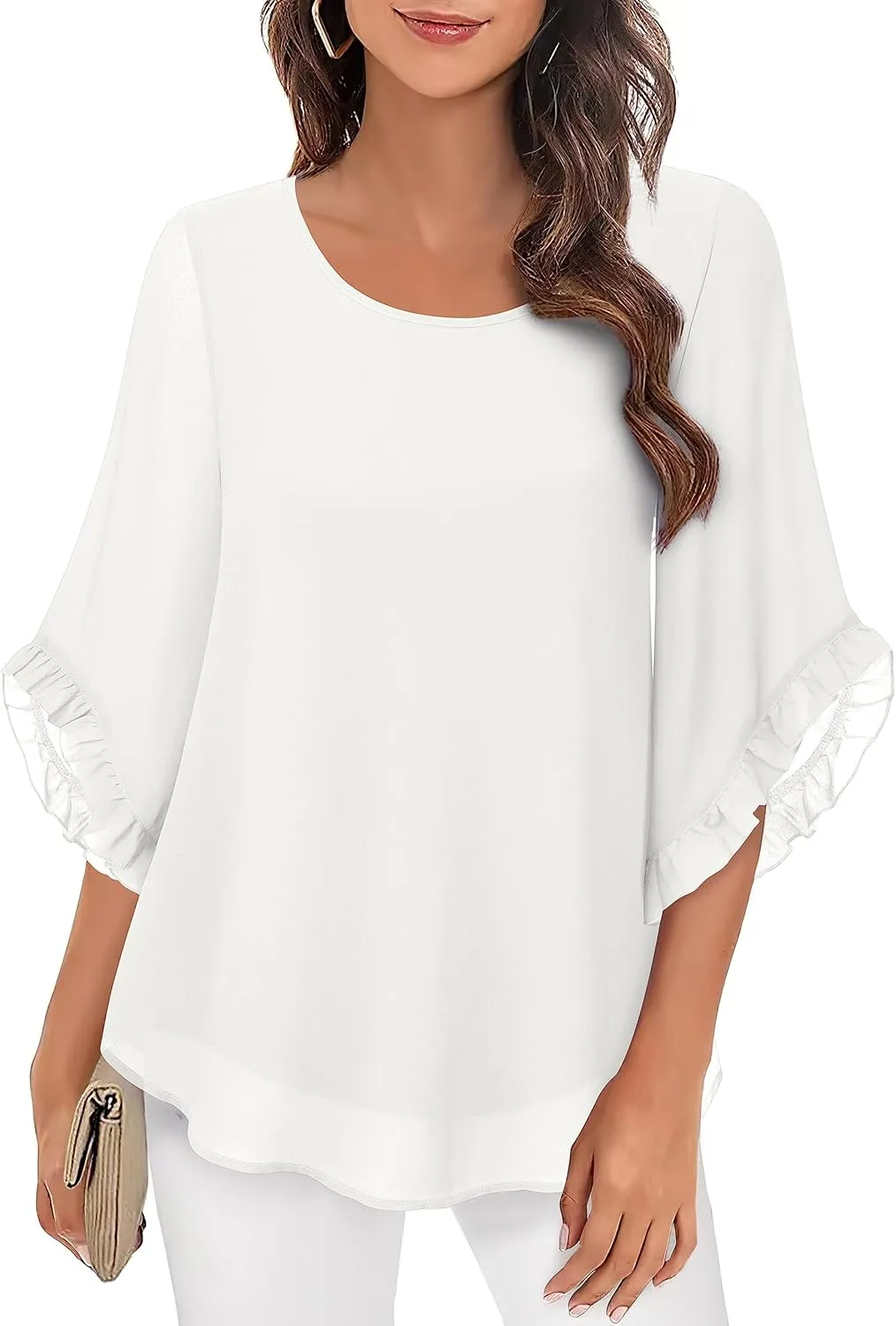 Women's 3/4 Ruffle Sleeve Blouse Tops Double Layers Flowy Shirts Elegant Chiffon Blouses