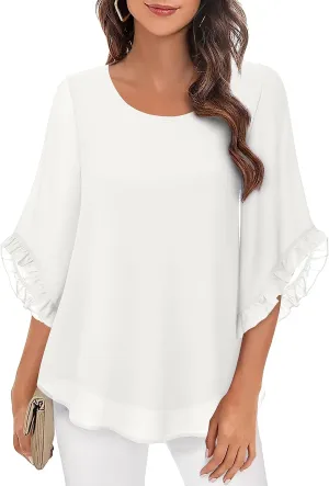 Women's 3/4 Ruffle Sleeve Blouse Tops Double Layers Flowy Shirts Elegant Chiffon Blouses