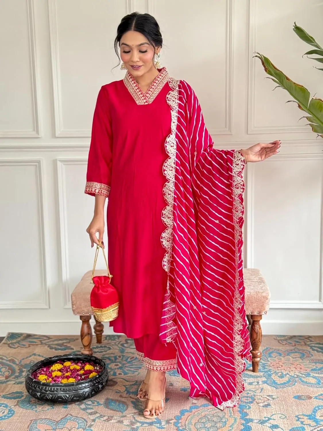 Women's Alia Cut Straight Kurti pant dupatta set Designer Salwar Suit with Embroidery Work
