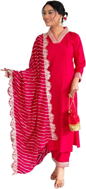 Women's Alia Cut Straight Kurti pant dupatta set Designer Salwar Suit with Embroidery Work