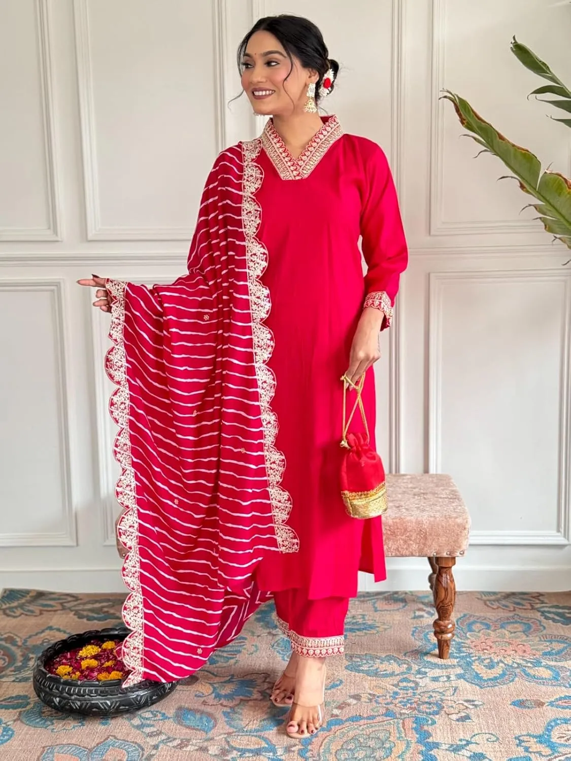 Women's Alia Cut Straight Kurti pant dupatta set Designer Salwar Suit with Embroidery Work