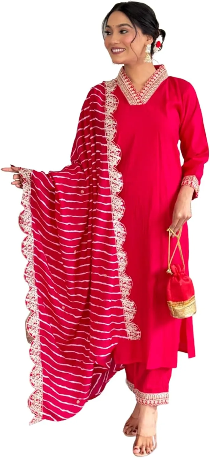 Women's Alia Cut Straight Kurti pant dupatta set Designer Salwar Suit with Embroidery Work