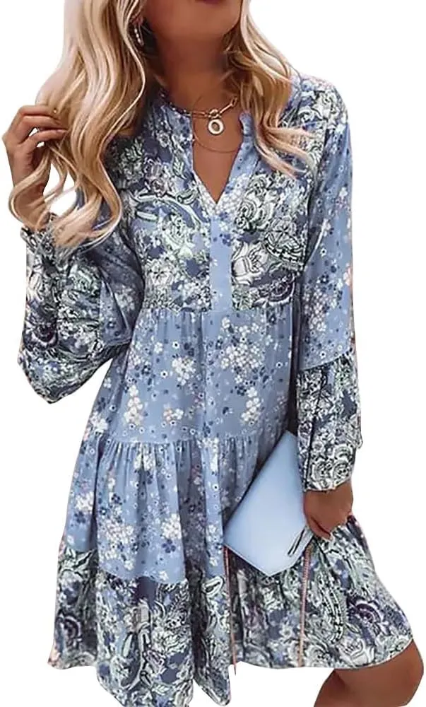 Women's Boho Floral Bell Long Sleeve Short Dress Flowy V Neck Ruffle Beach Vacation Mini Dresses