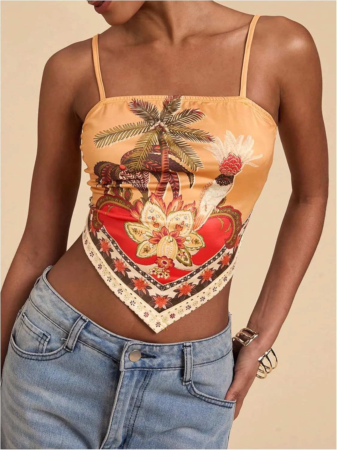 Women's Boho Graphic Sleeveless Camisole Y2k Asymmetrical Hem Cropped Cami