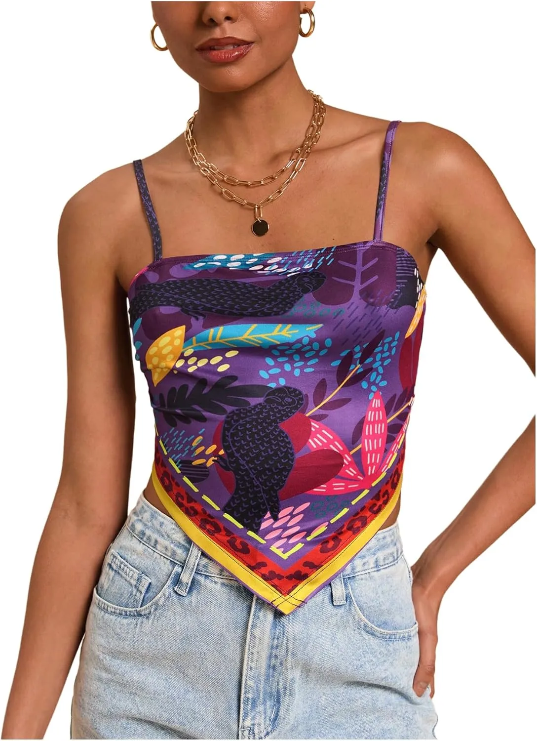 Women's Boho Graphic Sleeveless Camisole Y2k Asymmetrical Hem Cropped Cami