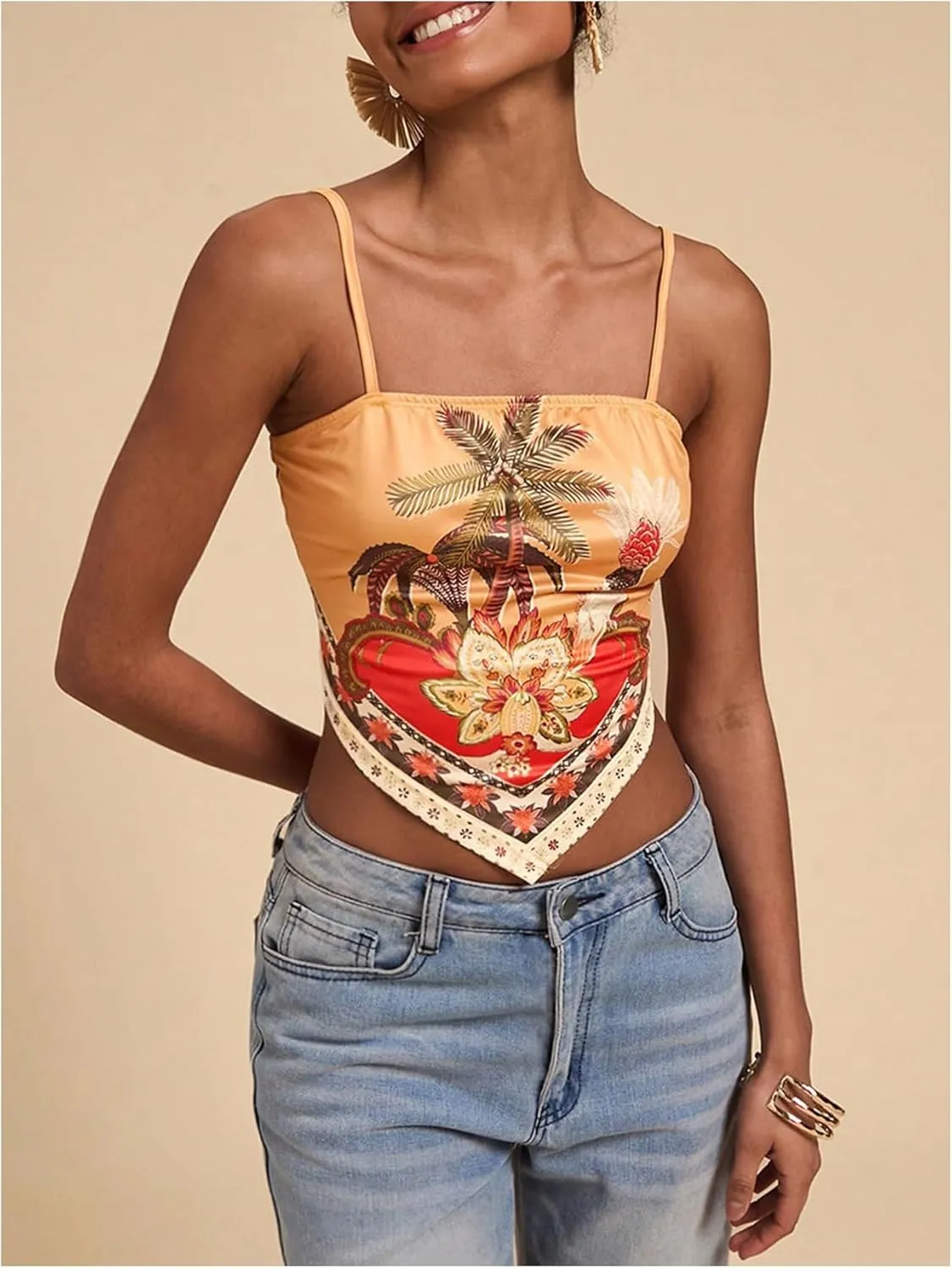 Women's Boho Graphic Sleeveless Camisole Y2k Asymmetrical Hem Cropped Cami