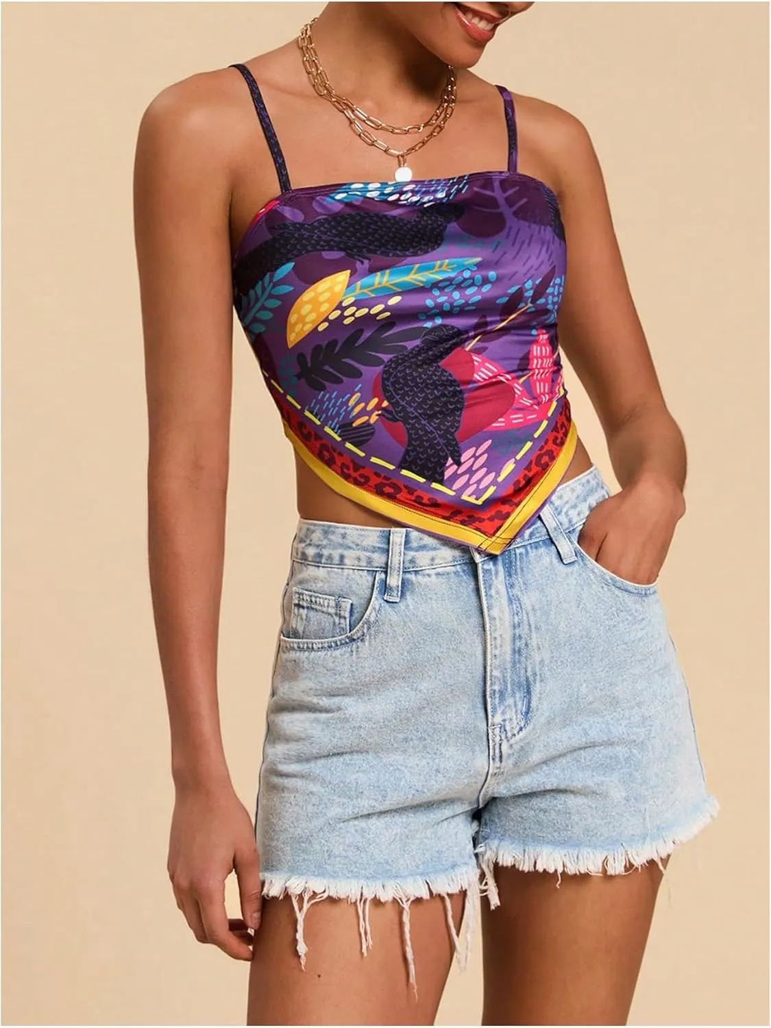 Women's Boho Graphic Sleeveless Camisole Y2k Asymmetrical Hem Cropped Cami