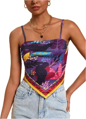 Women's Boho Graphic Sleeveless Camisole Y2k Asymmetrical Hem Cropped Cami