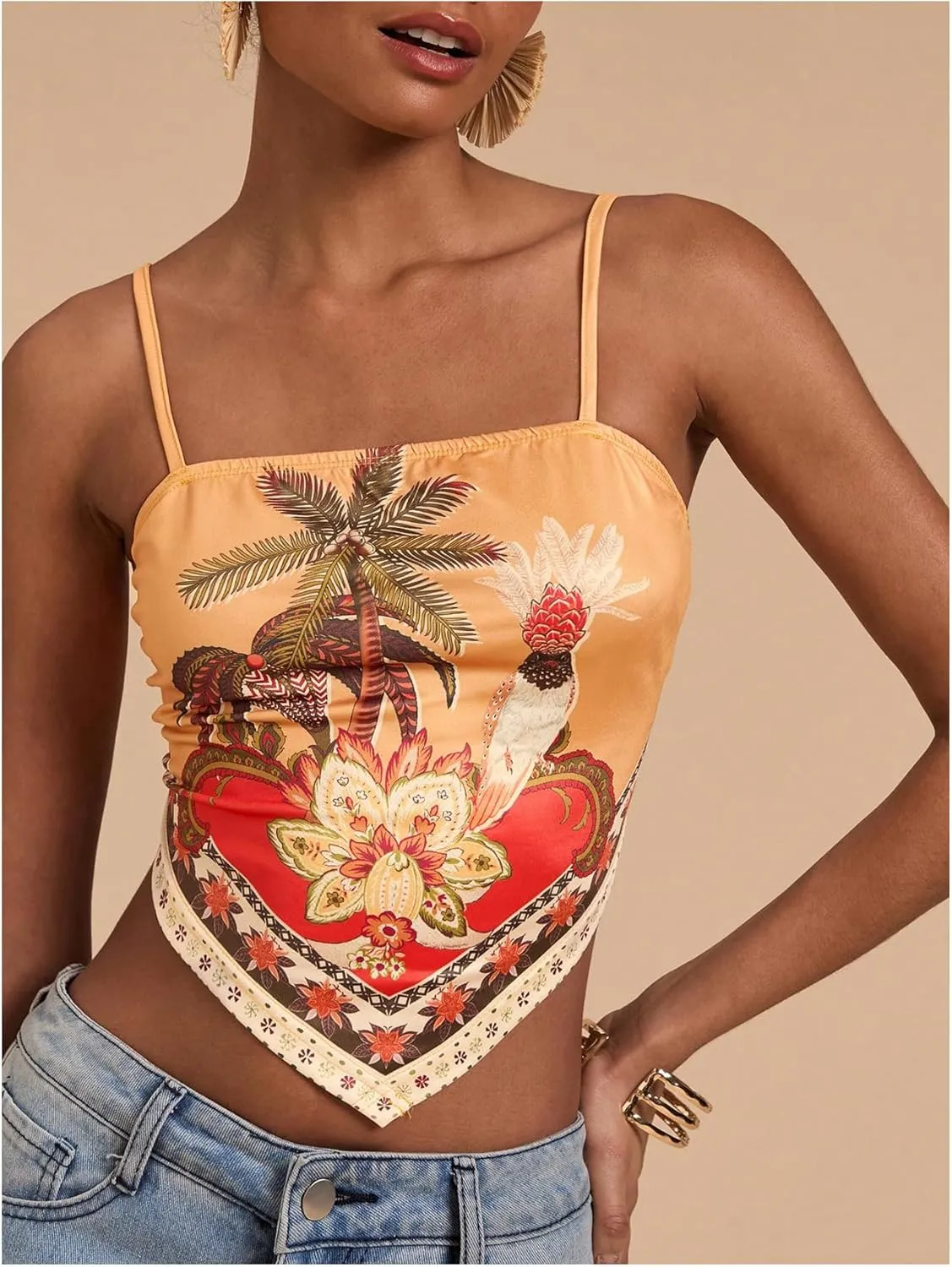 Women's Boho Graphic Sleeveless Camisole Y2k Asymmetrical Hem Cropped Cami