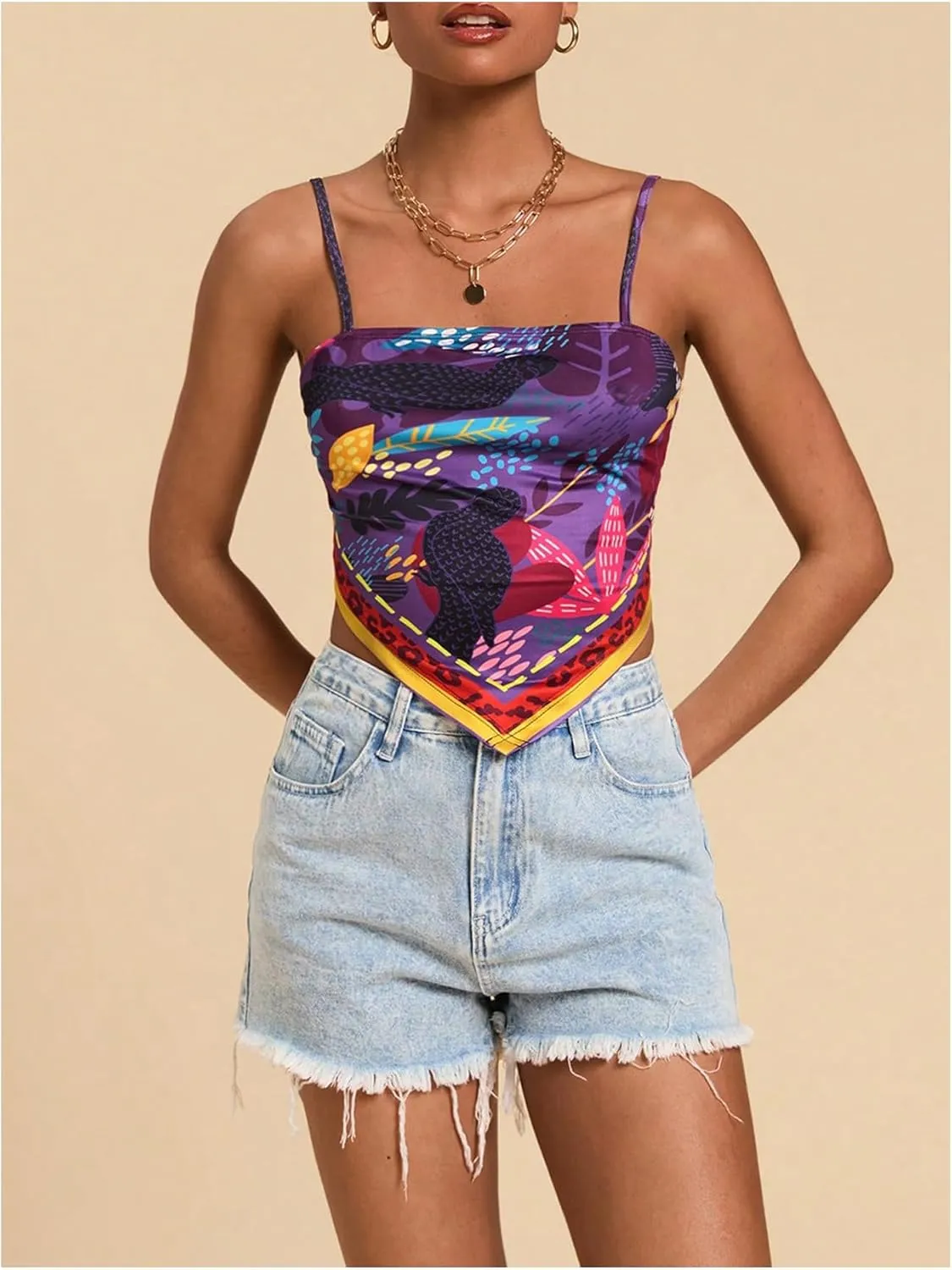 Women's Boho Graphic Sleeveless Camisole Y2k Asymmetrical Hem Cropped Cami