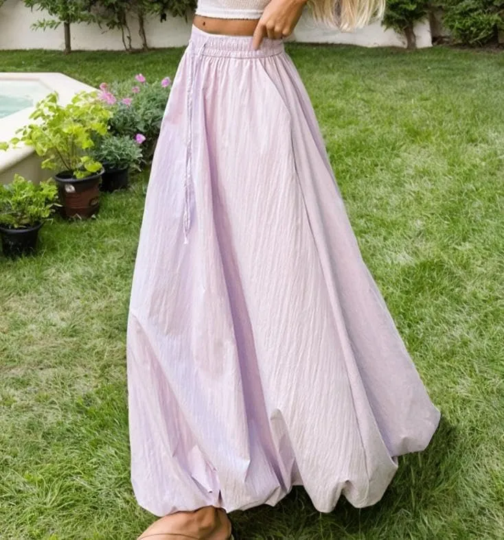 Women's Bubble Maxi Skirt Casual High Elastic Waist A Line Pleated Midi Skirt Summer Solid Color Lantern Skirt with Pockets