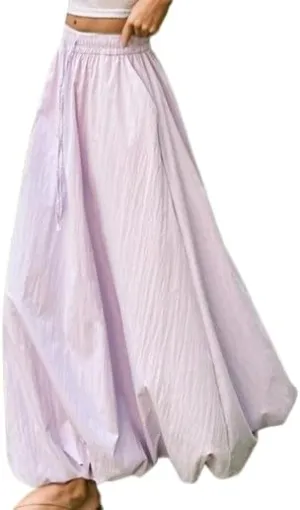 Women's Bubble Maxi Skirt Casual High Elastic Waist A Line Pleated Midi Skirt Summer Solid Color Lantern Skirt with Pockets