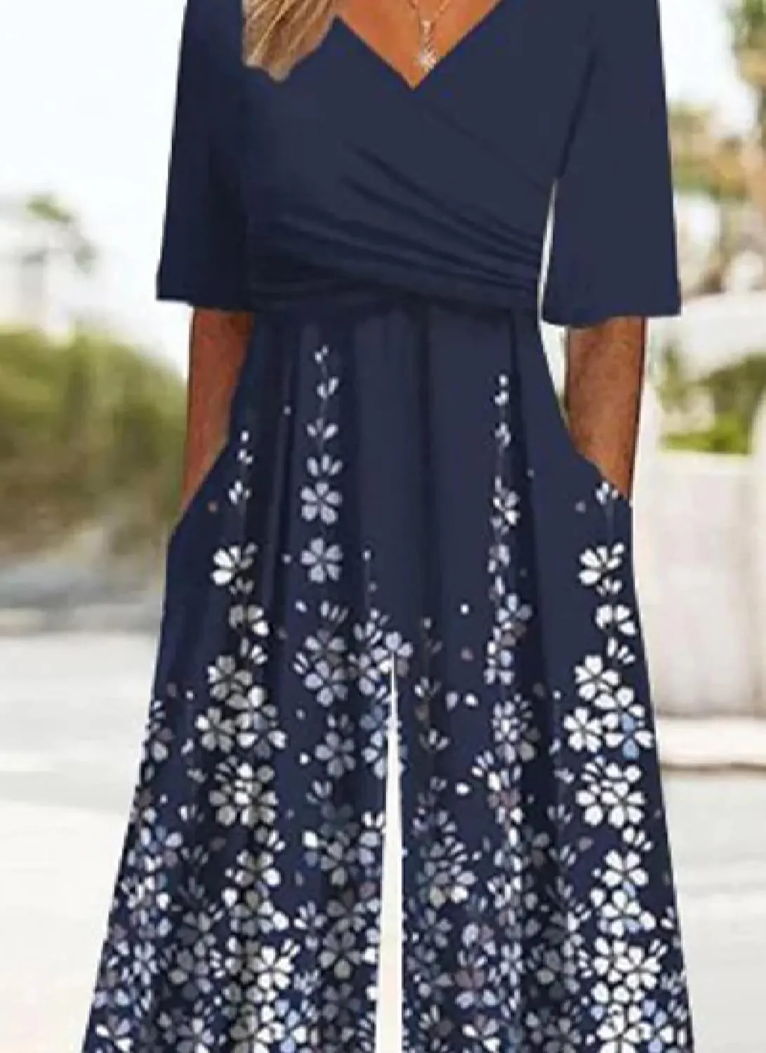 Women's Casual Loose Print V Neck Romper Short Sleeve One Piece with Side Pockets Trendy Jumpsuit for 2025