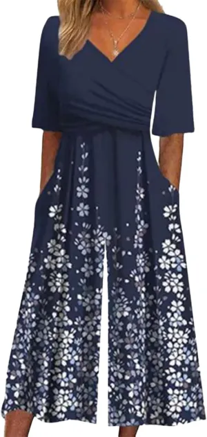 Women's Casual Loose Print V Neck Romper Short Sleeve One Piece with Side Pockets Trendy Jumpsuit for 2025