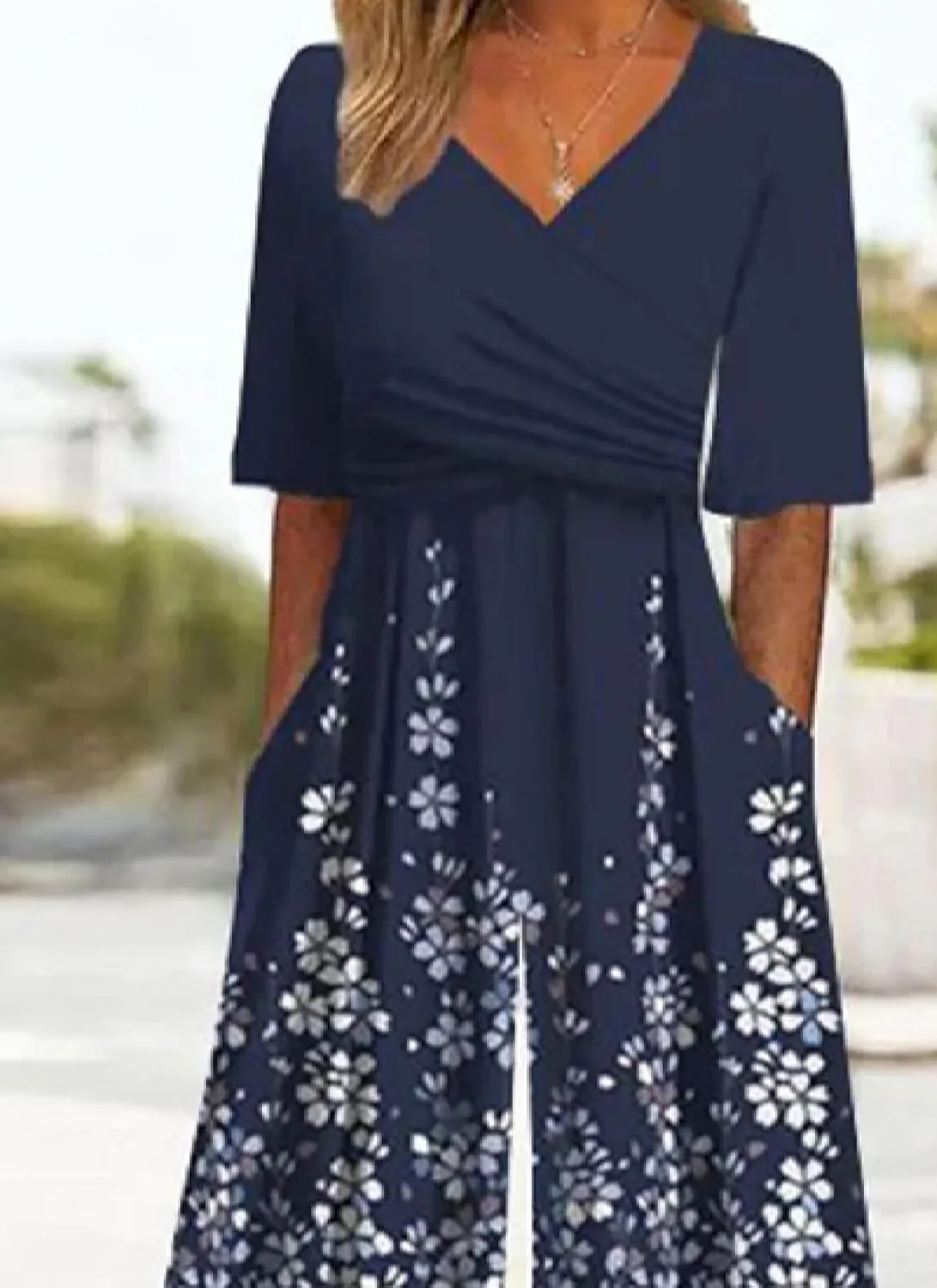 Women's Casual Loose Print V Neck Romper Short Sleeve One Piece with Side Pockets Trendy Jumpsuit for 2025