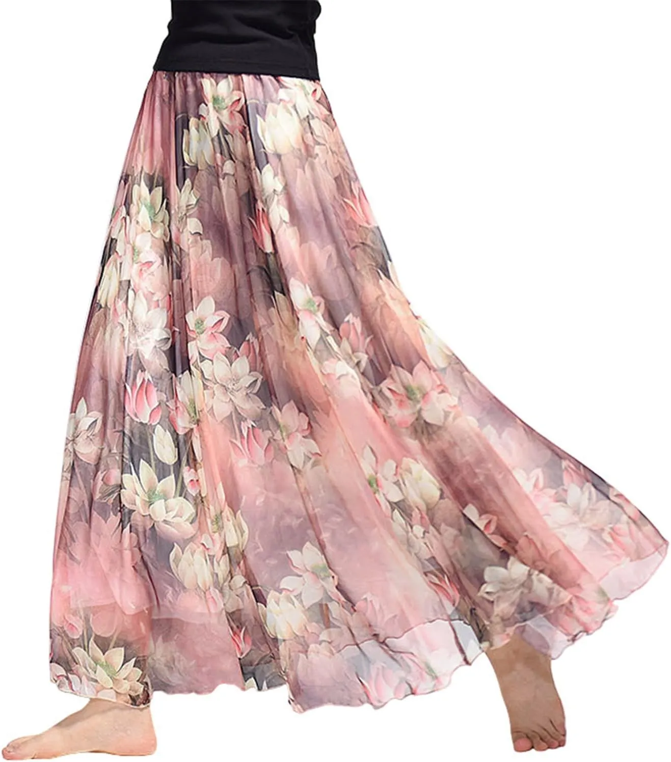 Women's Chiffon Floral Boho Skirts Flowy Double-Layered Mesh Maxi Skirt Elegant Pleated A-Line Long Beach Skirts