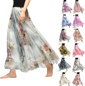 Women's Chiffon Floral Boho Skirts Flowy Double-Layered Mesh Maxi Skirt Elegant Pleated A-Line Long Beach Skirts