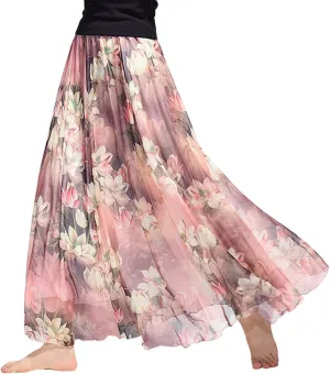 Women's Chiffon Floral Boho Skirts Flowy Double-Layered Mesh Maxi Skirt Elegant Pleated A-Line Long Beach Skirts