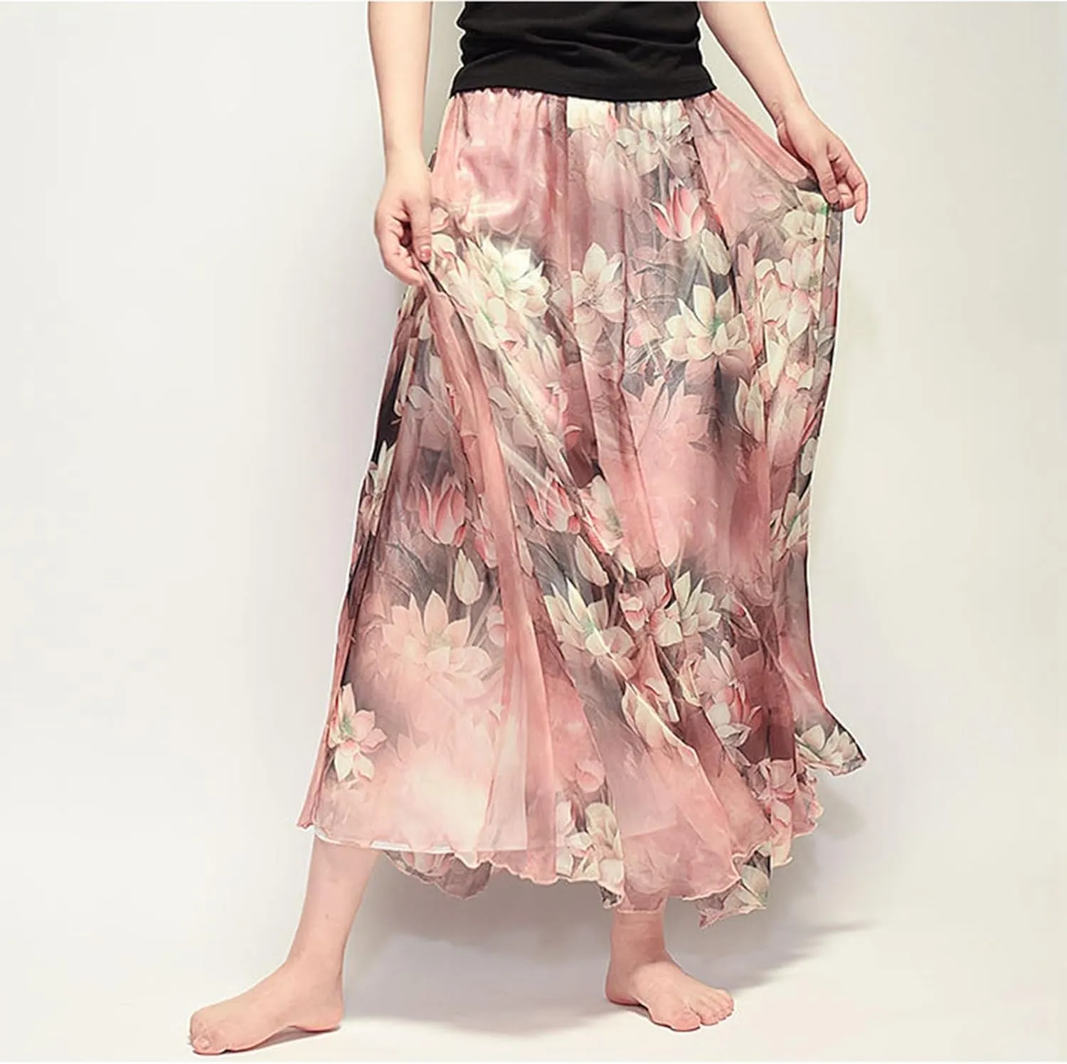 Women's Chiffon Floral Boho Skirts Flowy Double-Layered Mesh Maxi Skirt Elegant Pleated A-Line Long Beach Skirts