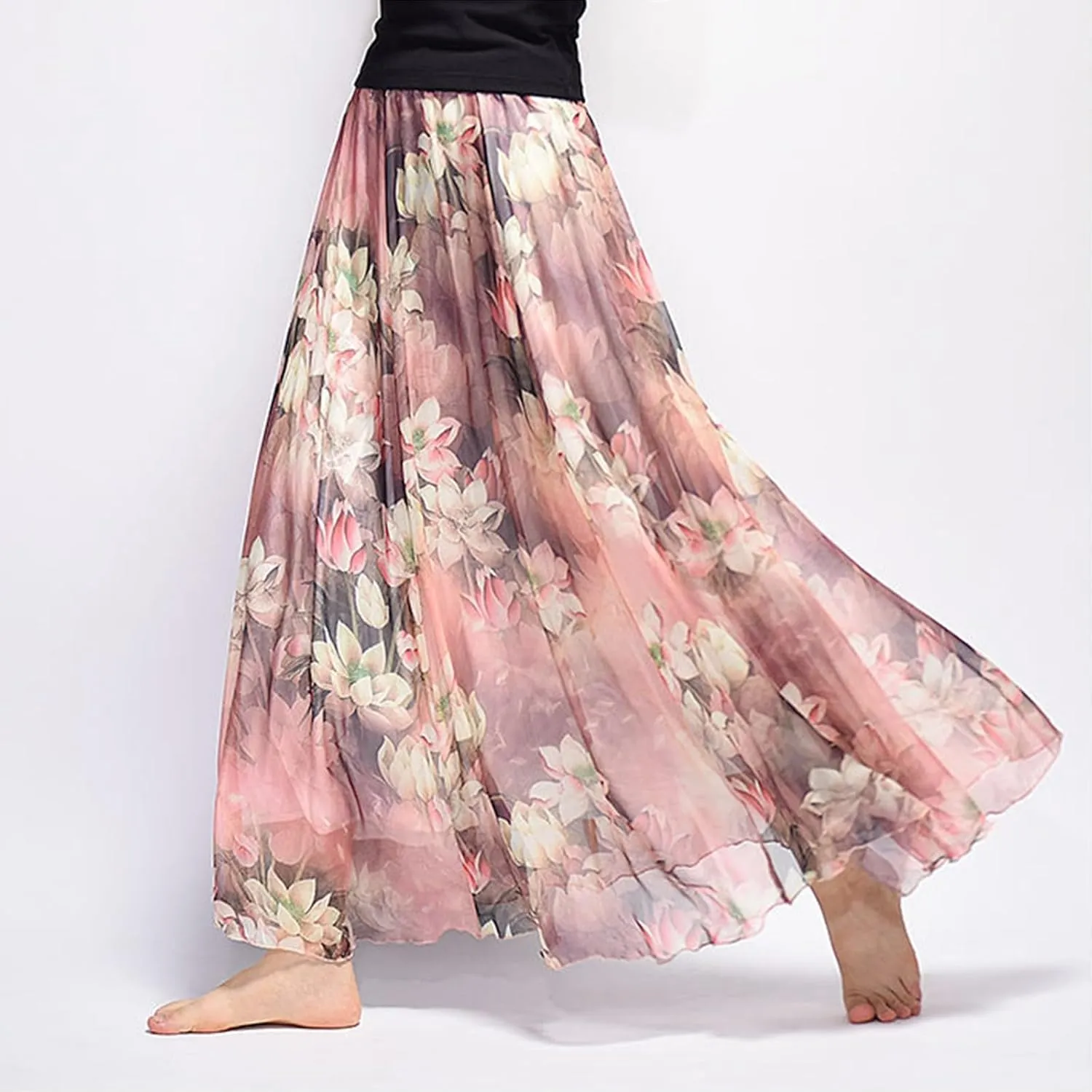 Women's Chiffon Floral Boho Skirts Flowy Double-Layered Mesh Maxi Skirt Elegant Pleated A-Line Long Beach Skirts