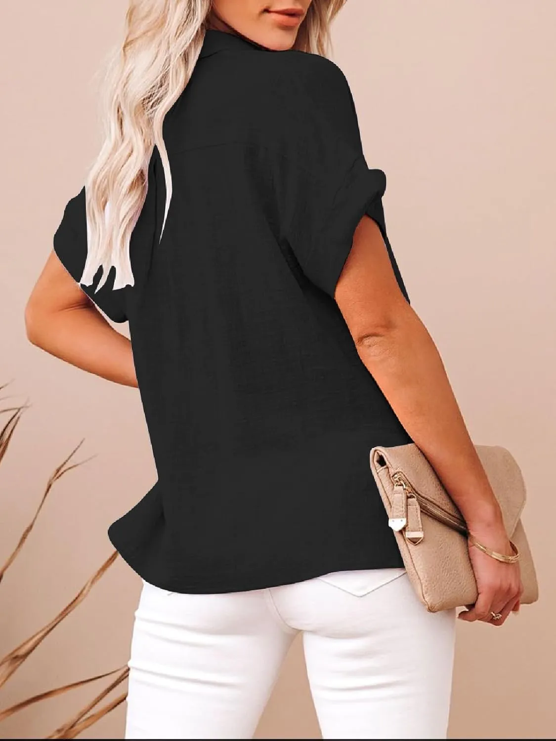 Womens Cotton Linen Button Down Shirts Short Sleeve Dress Shirts Casual Summer Tops Blouses with Pockets