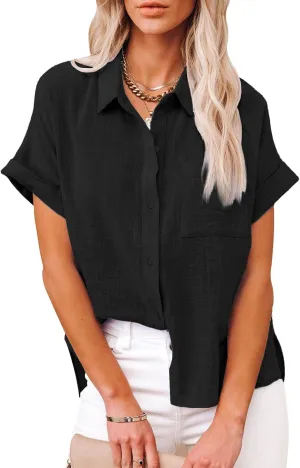 Womens Cotton Linen Button Down Shirts Short Sleeve Dress Shirts Casual Summer Tops Blouses with Pockets