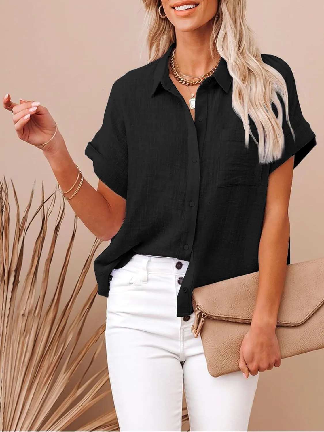 Womens Cotton Linen Button Down Shirts Short Sleeve Dress Shirts Casual Summer Tops Blouses with Pockets