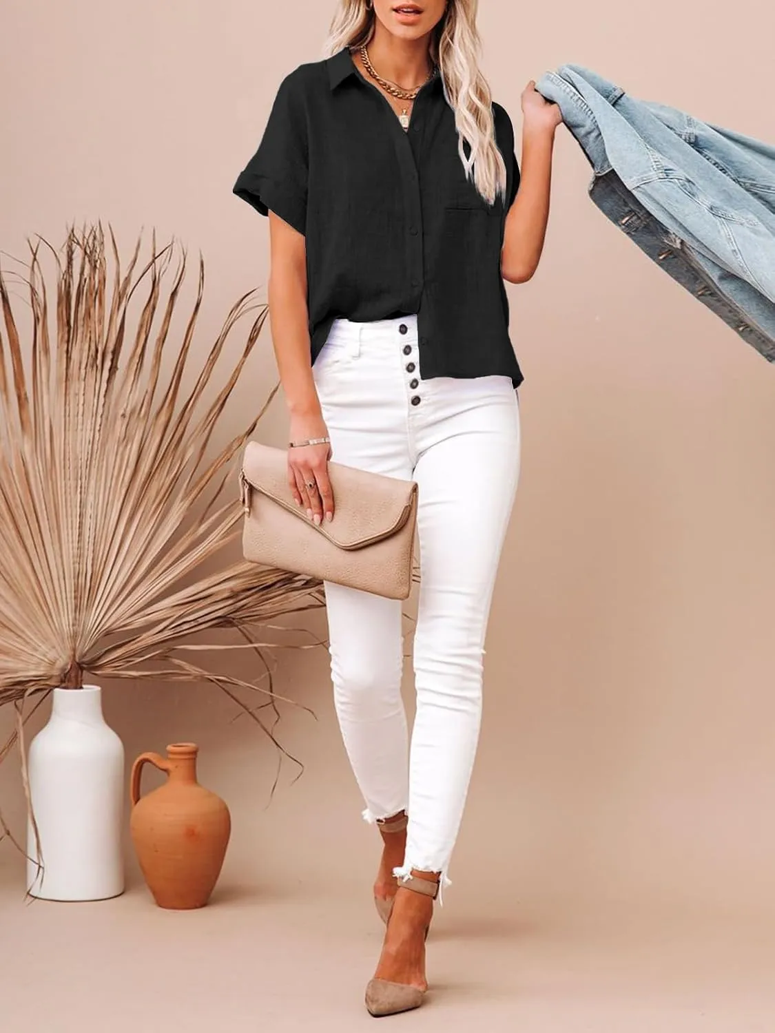 Womens Cotton Linen Button Down Shirts Short Sleeve Dress Shirts Casual Summer Tops Blouses with Pockets