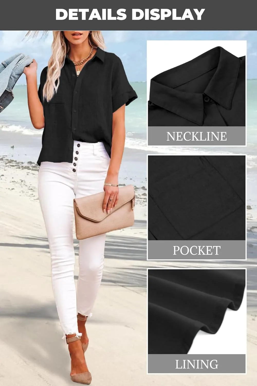 Womens Cotton Linen Button Down Shirts Short Sleeve Dress Shirts Casual Summer Tops Blouses with Pockets