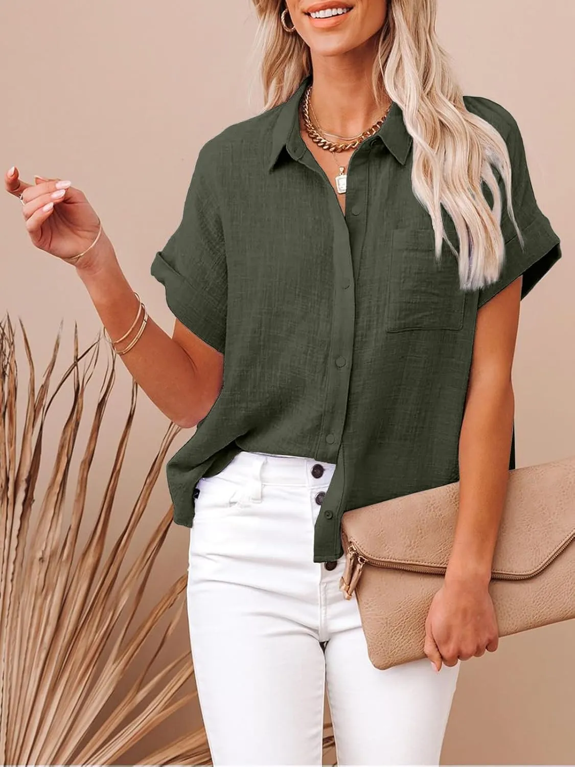 Womens Cotton Linen Button Down Shirts Short Sleeve Dress Shirts Casual Summer Tops Blouses with Pockets