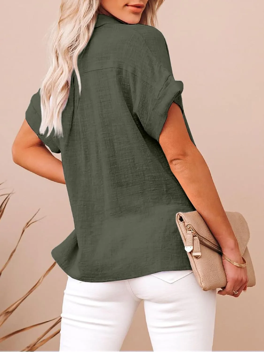 Womens Cotton Linen Button Down Shirts Short Sleeve Dress Shirts Casual Summer Tops Blouses with Pockets