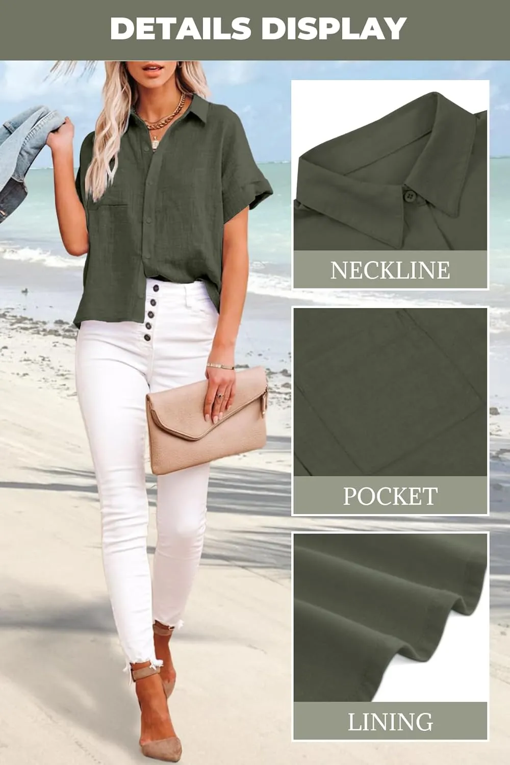 Womens Cotton Linen Button Down Shirts Short Sleeve Dress Shirts Casual Summer Tops Blouses with Pockets