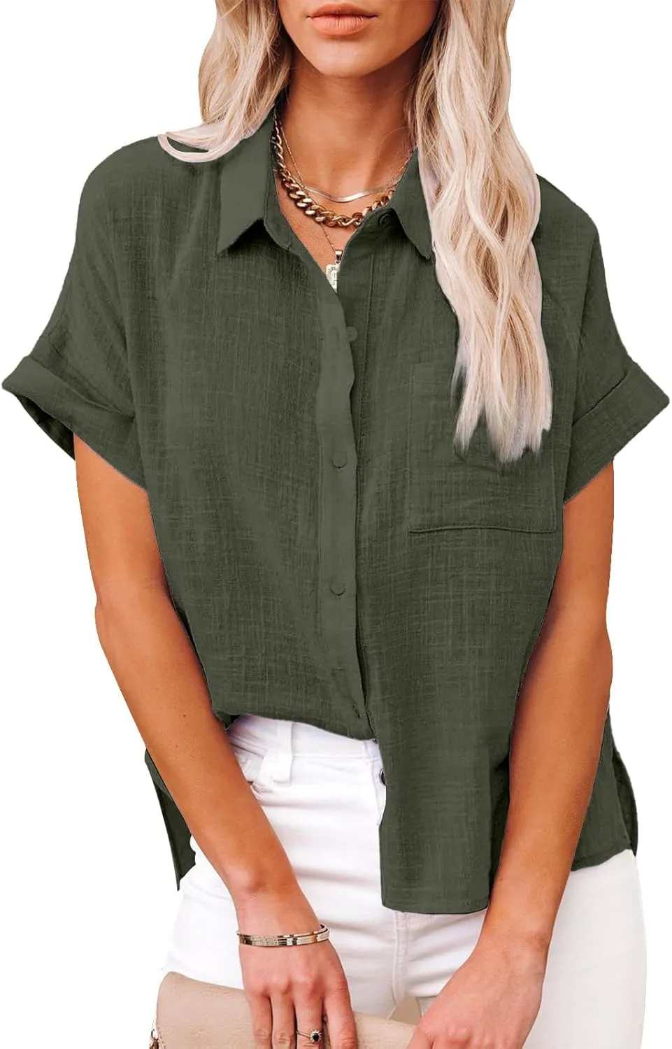 Womens Cotton Linen Button Down Shirts Short Sleeve Dress Shirts Casual Summer Tops Blouses with Pockets